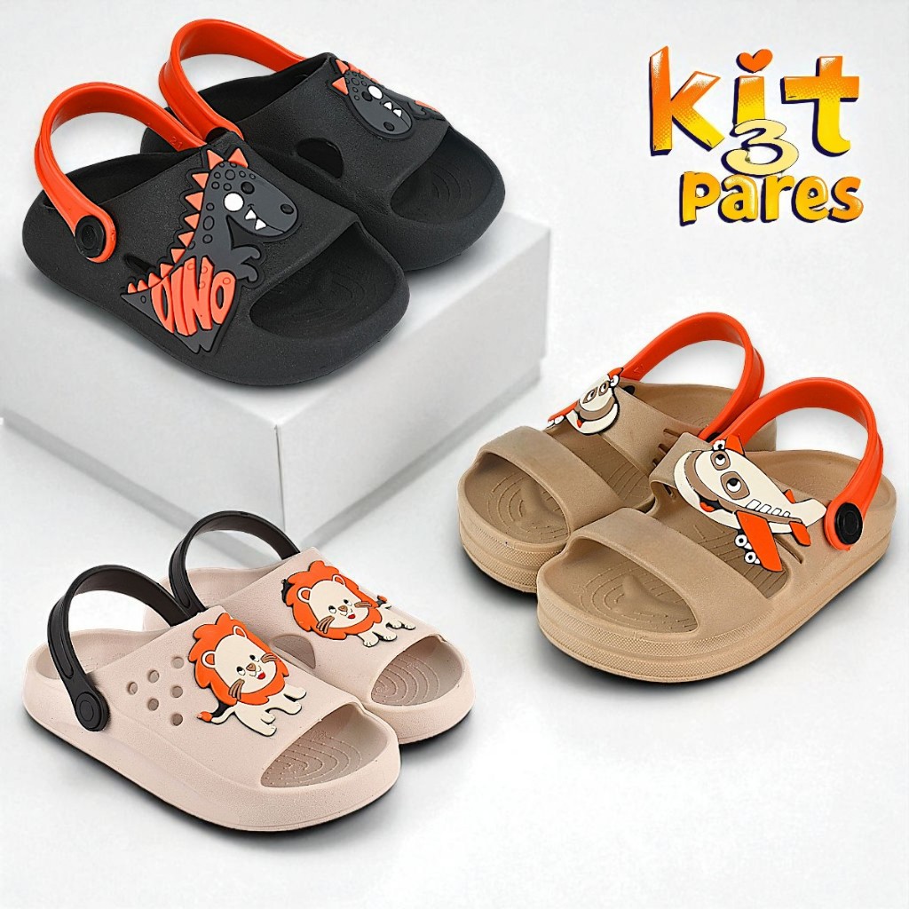 Kit 3 Pares Sandália Papete Infantil Menino Confortável