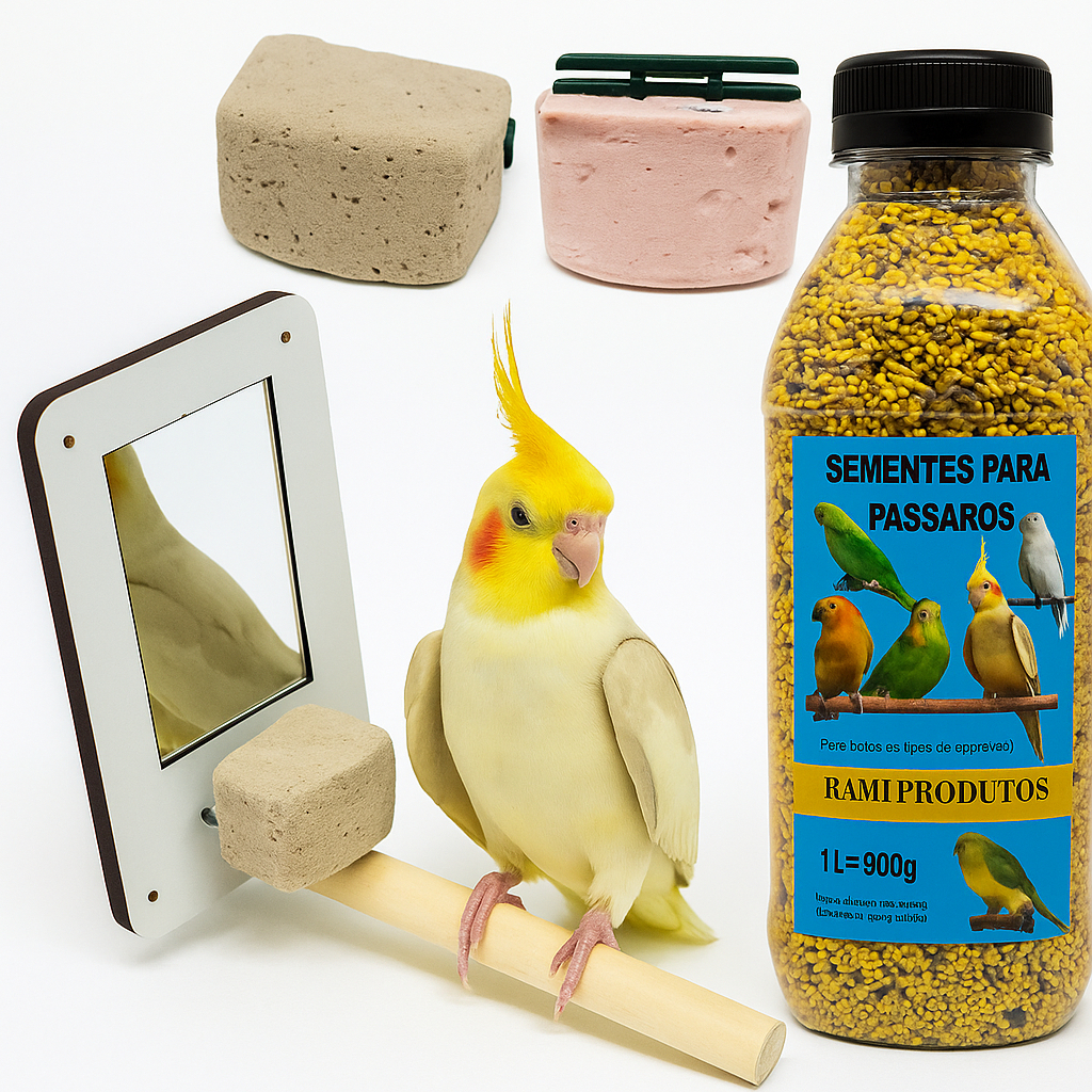 Kit 3 em 1 para Aves Espelho com Poleiro,Pedras de Cálcio e Sementes Naturais Calopsitas, Periquitos
