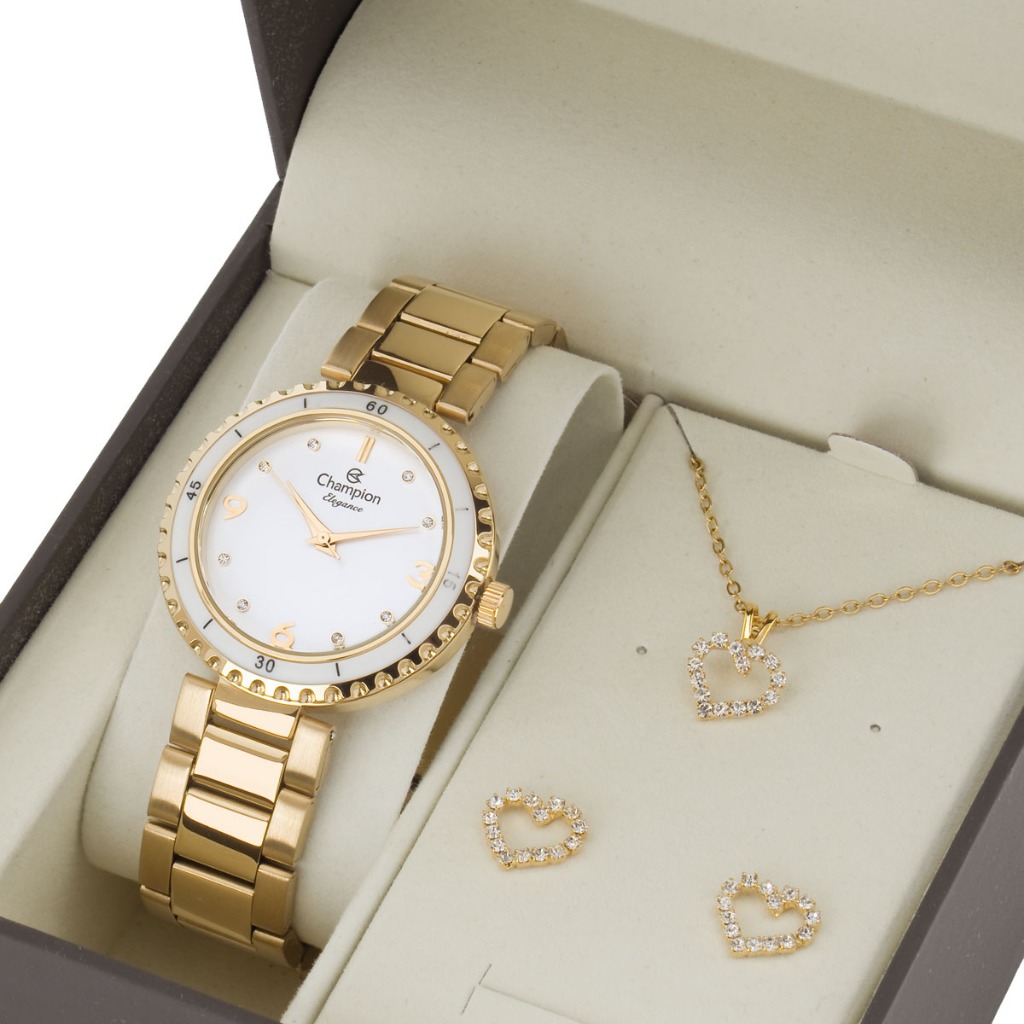 Relógio Feminino Champion Dourado Kit Colar e Brincos Original CN25270W em Oferta na Shopee