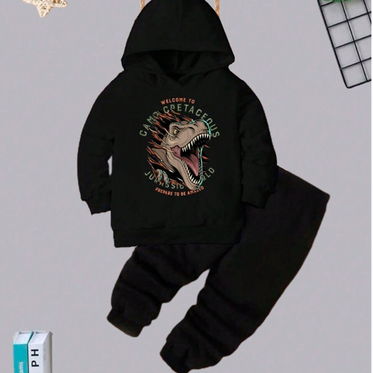 Conjunto Moletom Infantil Masculino Dinossauro Jurassic Canguru Inverno Quentinho com Capuz