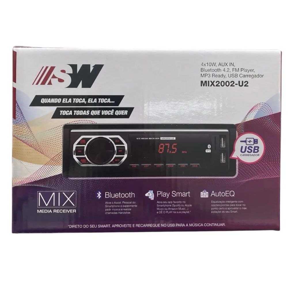 Radio Automotivo MIX2002 bluetooth 4.2 am fm 2 USB MP3