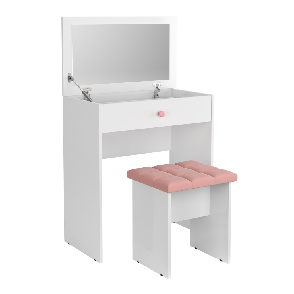 Penteadeira Escrivaninha Mesa Camarim Com Espelho e Gaveta e  Banqueta Branca em Oferta na Shopee