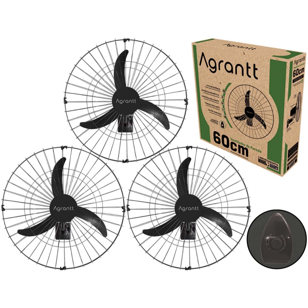 Kit 3 Ventilador De Parede 60cm 147w Premium Oscilante Loja Escola Academia Comércio Igreja Agrantt em Oferta na Shopee