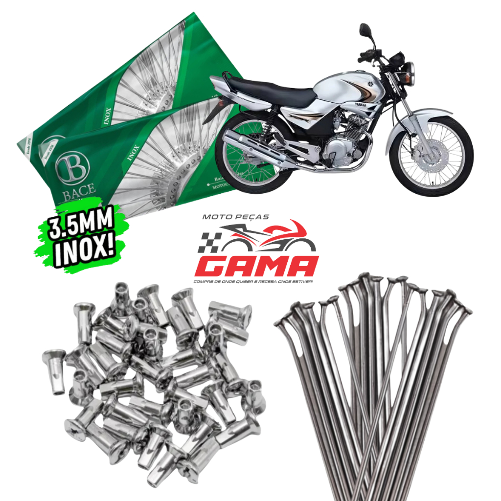 Jogo Kit Raio Bace 3,5mm Ybr 125 Ed Aço Inox Dianteiro e Traseiro (Freio a Tambor)