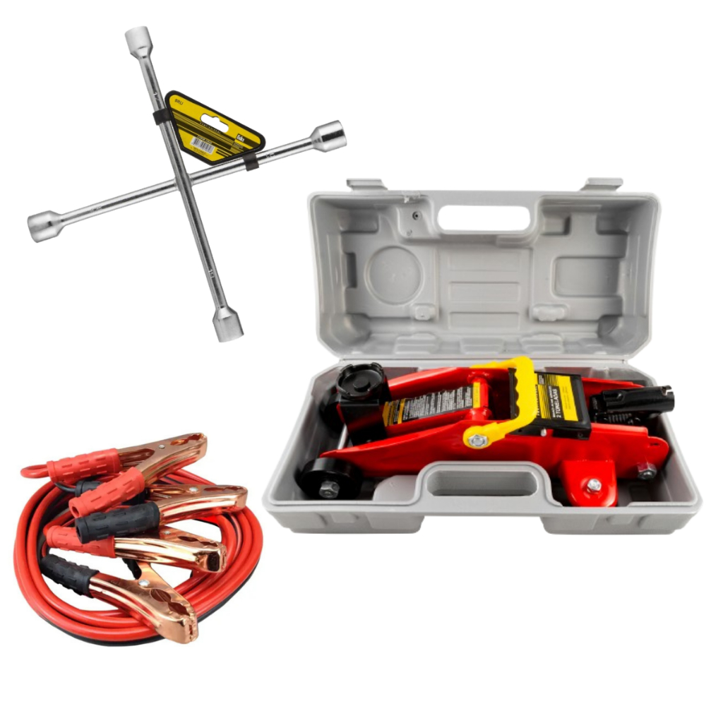 Kit Macaco Hidráulico Jacaré 2t Maleta com Chave de Roda 4 bocas + Cabo de Bateria 200A Universal Portátil  P/Carro Eda