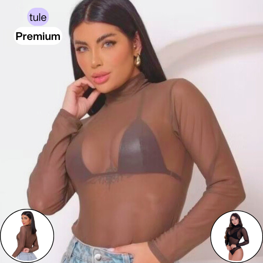 Body Tule Feminino Manga Longa Gola Alta Renda Blogueiras Diversas Cores Preto Marrom Branco em Oferta na Shopee