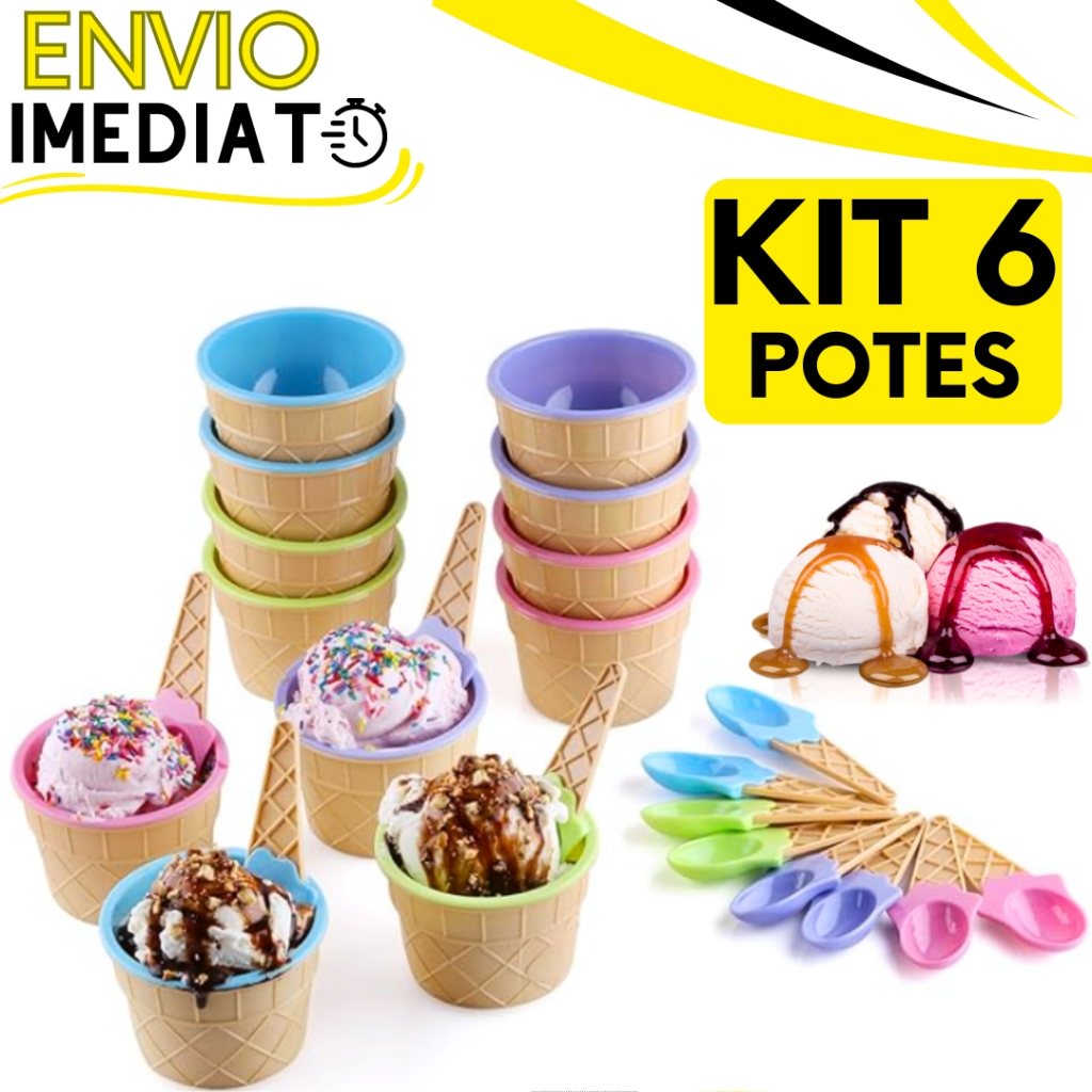 KIT Jogo 6 Tigela Pote de Plástico + Colher Tigela 200 ML Para Sobremesa Sorvete Açai Casquinha Sorvete Colher Brinde
