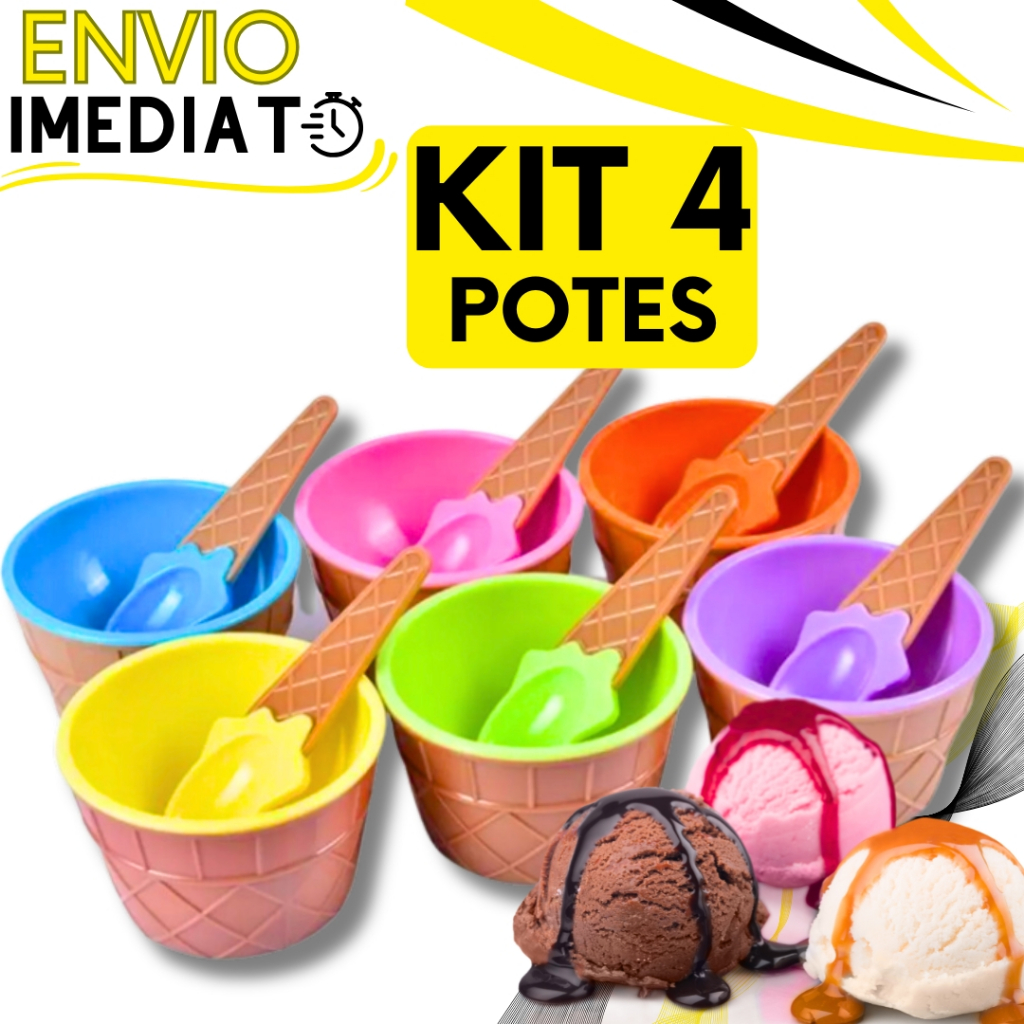 KIT Jogo 4 Tigela Pote de Plástico + Colher Tigela 200 ML Para Sobremesa Sorvete Açai Casquinha Sorvete Colher Brinde