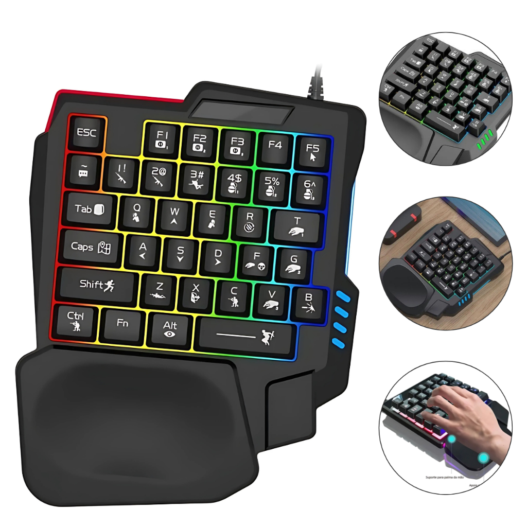 Teclado Gamer Single Hand RGB Profissional Anti Ghosting Com Almofada de Pulso 36 Teclas Uma Mão