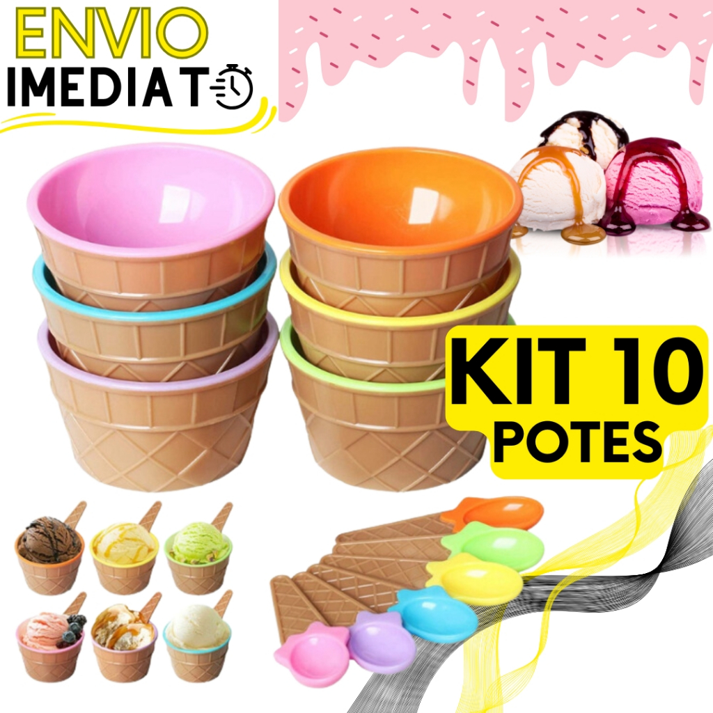 KIT 4/6/10 Un Tigela Pote de Plástico + Colher Tigela 200 ML Para Sobremesa Sorvete Açai Casquinha Sorvete Colher Brinde