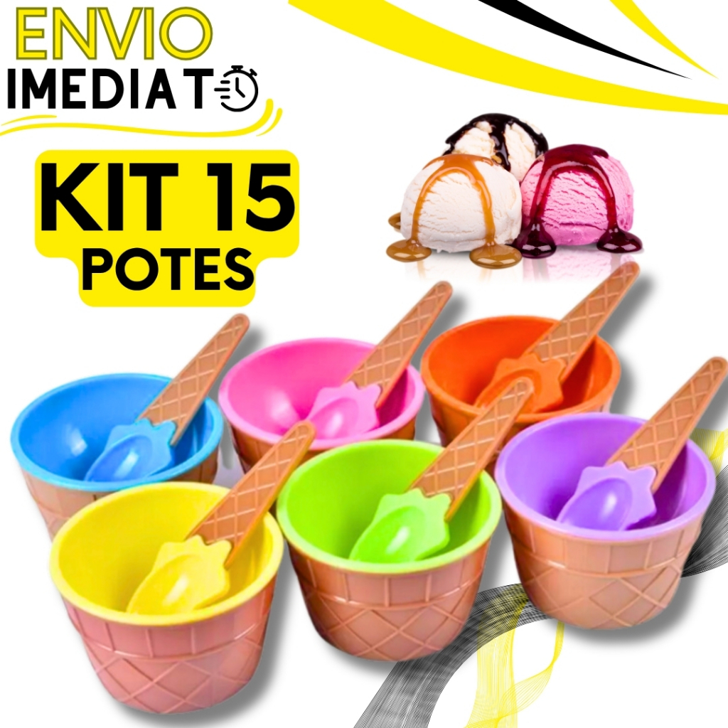 KIT Jogo 15 Tigela Pote de Plástico + Colher Tigela 200 ML Para Sobremesa Sorvete Açai Casquinha Sorvete Colher Brinde