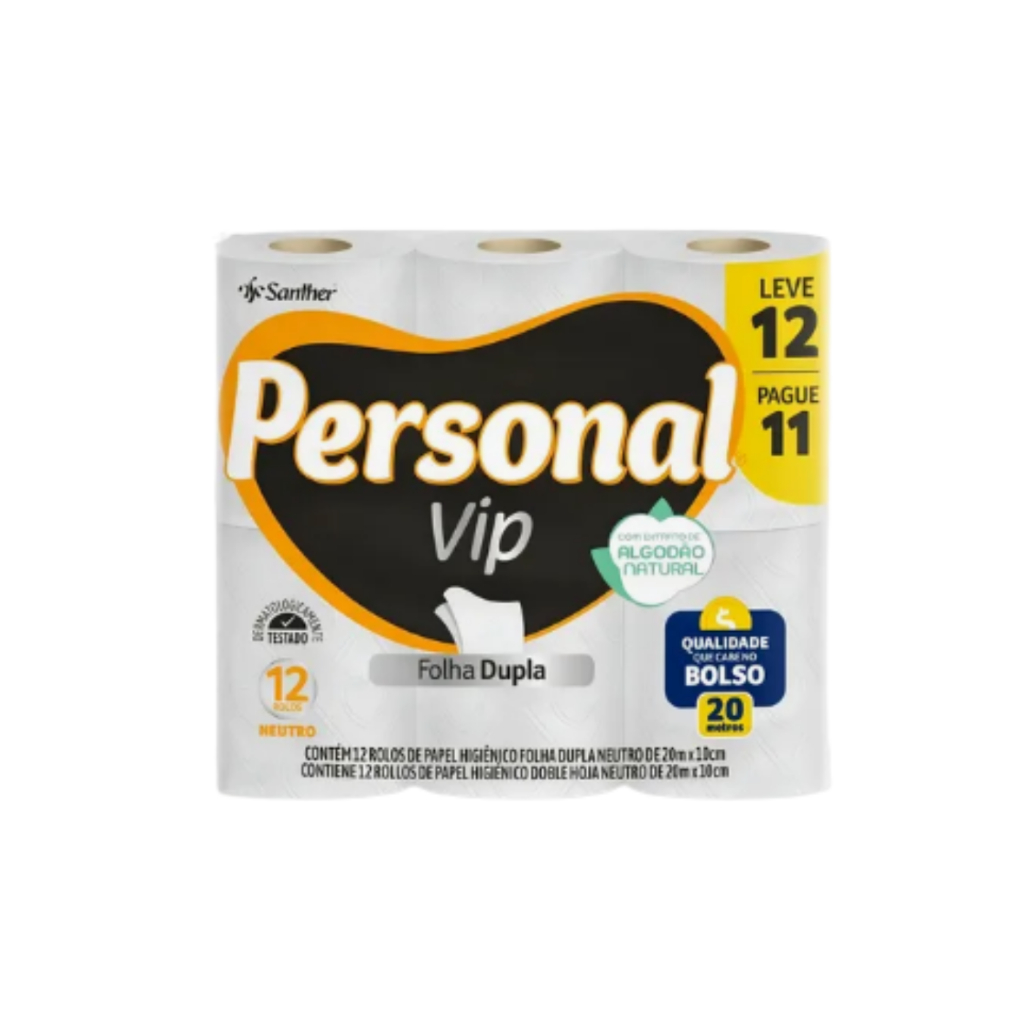 Papel Higiênico Personal Vip Folha dupla Neutro Menos com 12 unidades Super Macio