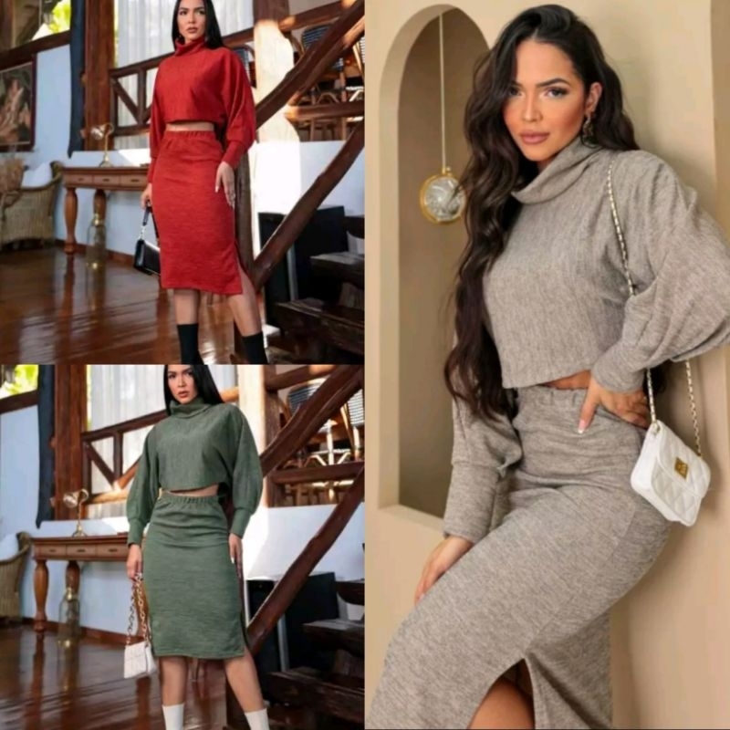(ref.42)Conjunto  feminino outono inverno saia e blusa cropedy manga bufante lanzinha em Oferta na Shopee
