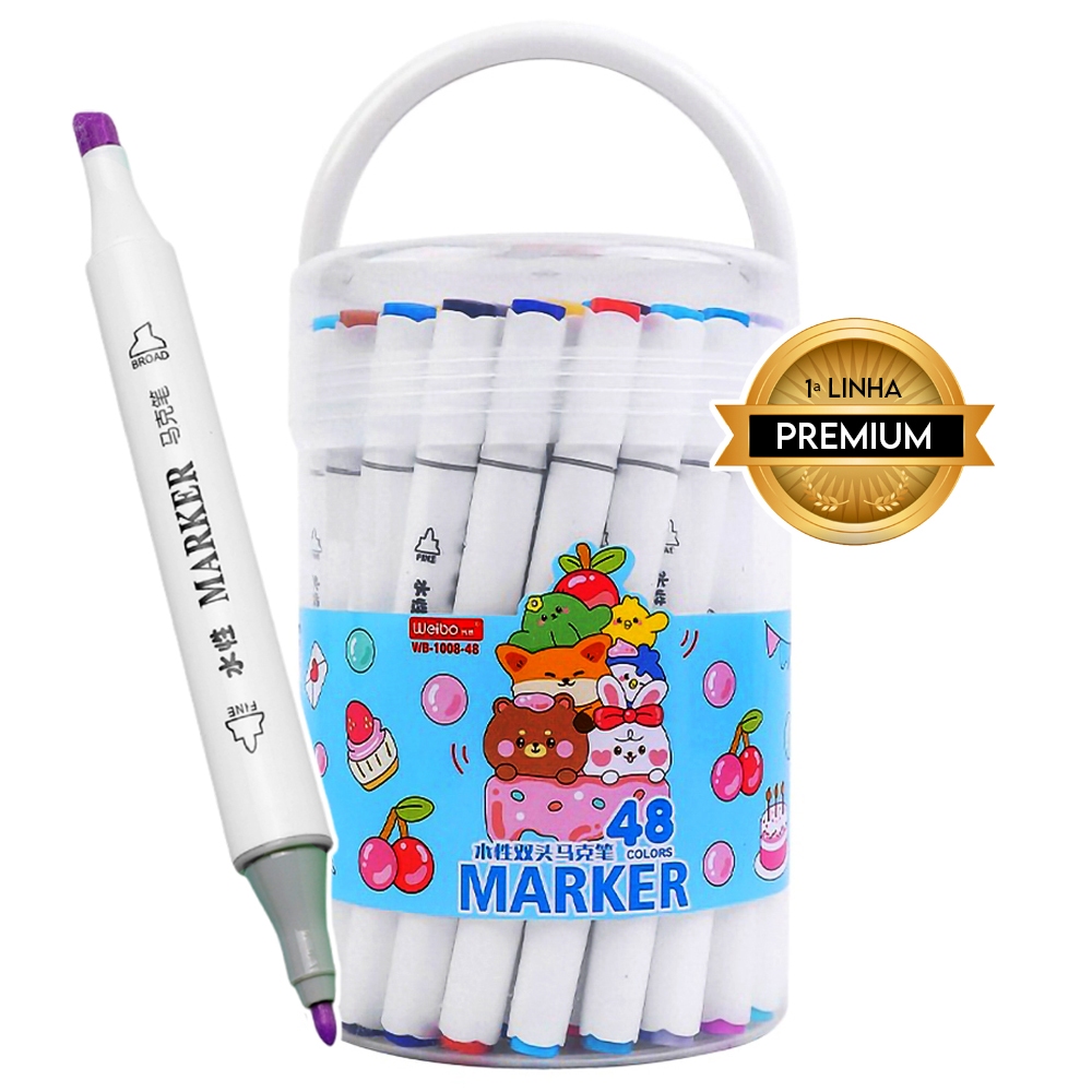 48 Cores Caneta Marcadora Canetinhas Coloridas Kit Com Ponta Dupla + Estojo Bolsa