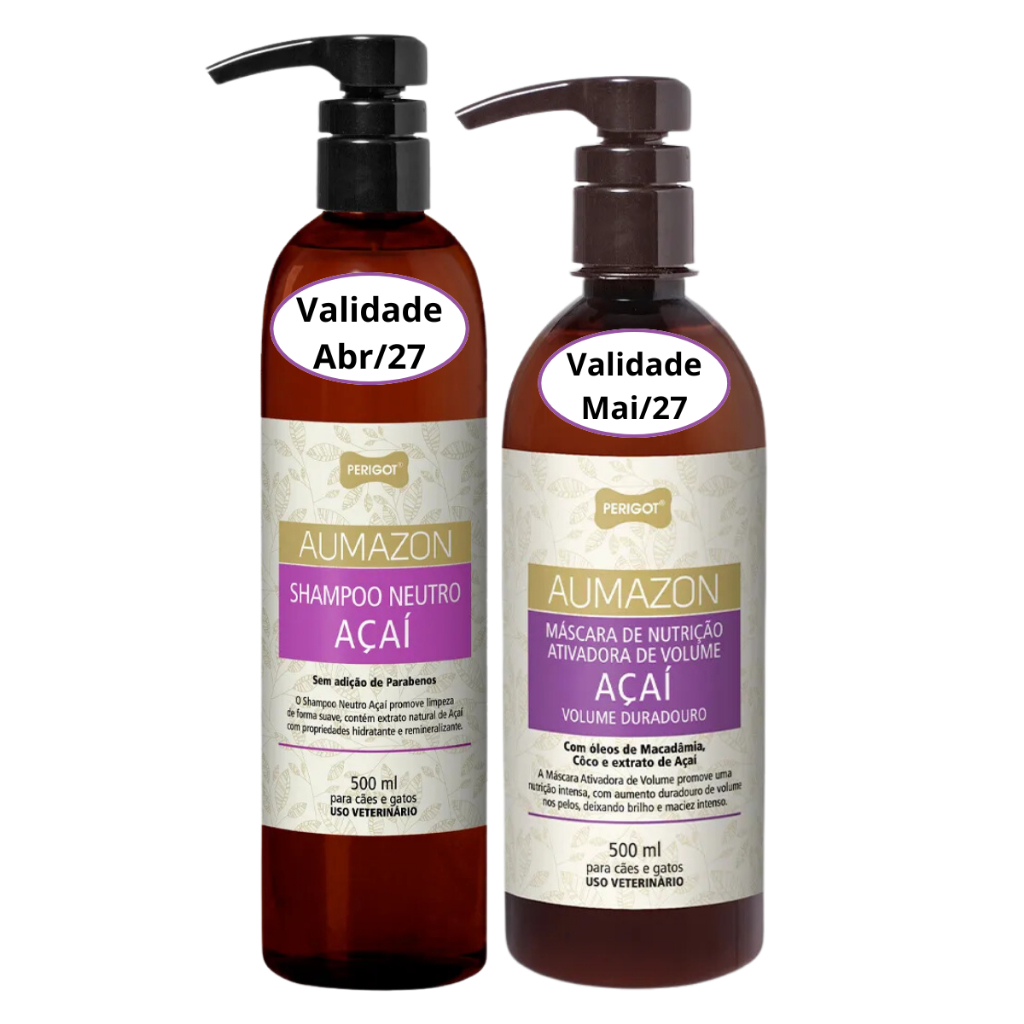 Kit Shampoo e Máscara Nutrição Aumazon Açaí Perigot 500ml Cães e Gatos