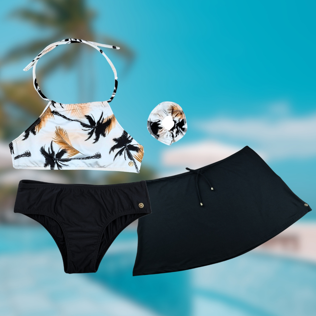Kit 3 Peças Biquini Juvenil Cropped Saia Saida Praia Grappin