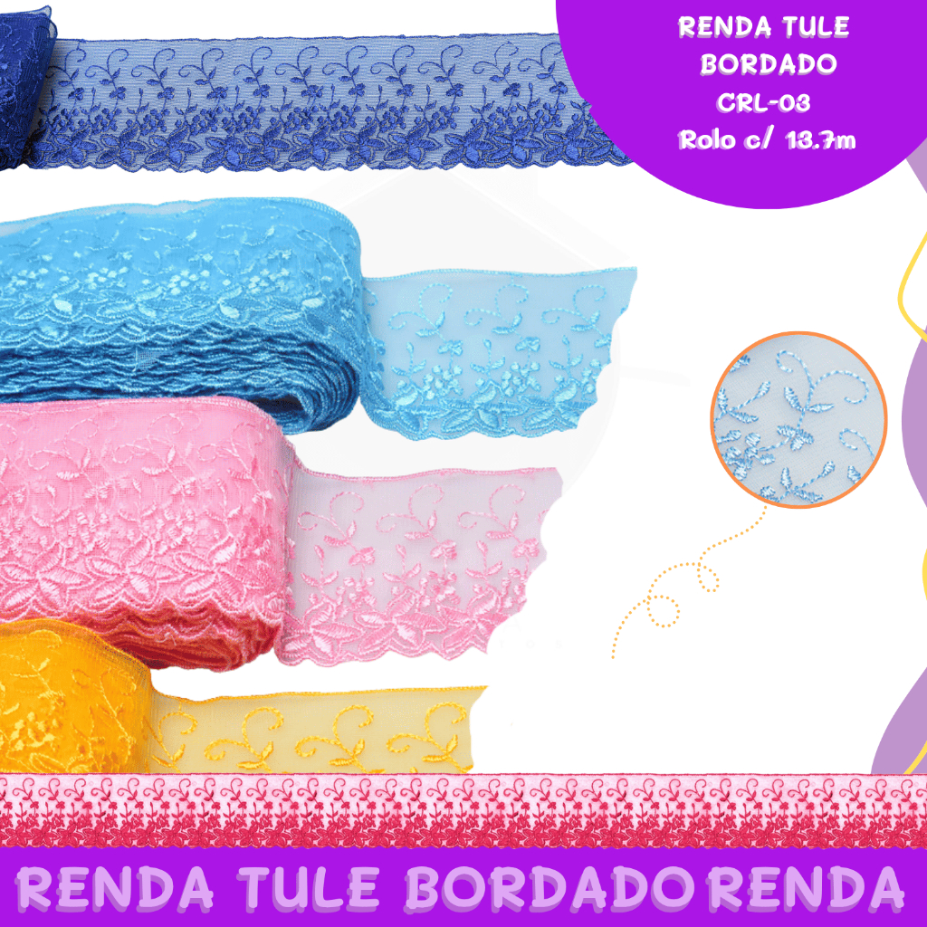Renda Tule Bordado De Organza CRL-03 - TAM : 80 mm - Rolo C/ 13,7 Metros