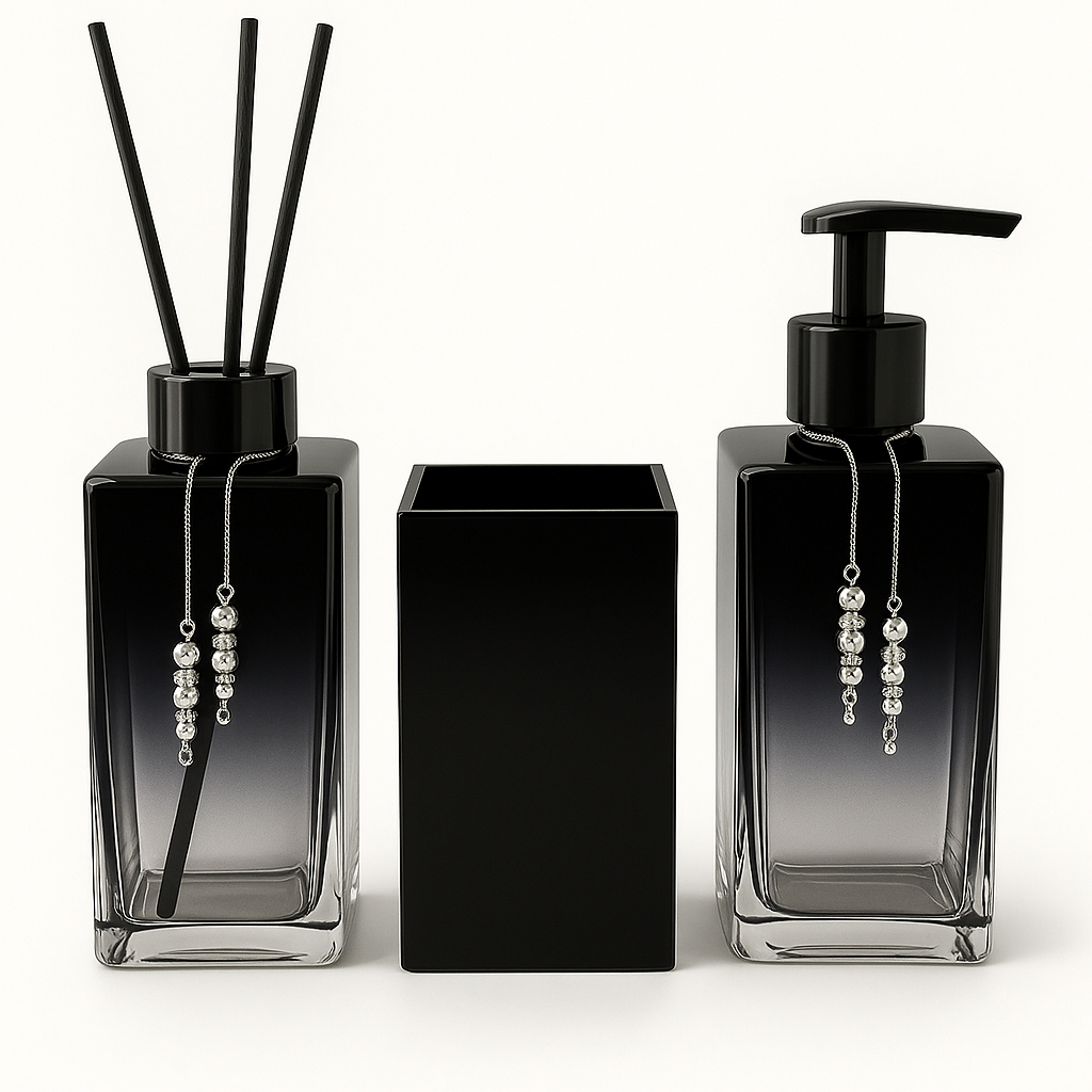 Kit Banheiro  Lavabo Sabonete Liquido Difusor Aromatizante e Porta Escova de Vidro Luxo Squere