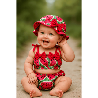 Conjunto Banho De Sol Melancia Laranja Moda Praia Bebe Bunda Rica Croped + Chapeu + Calcinha Frutas em Oferta na Shopee