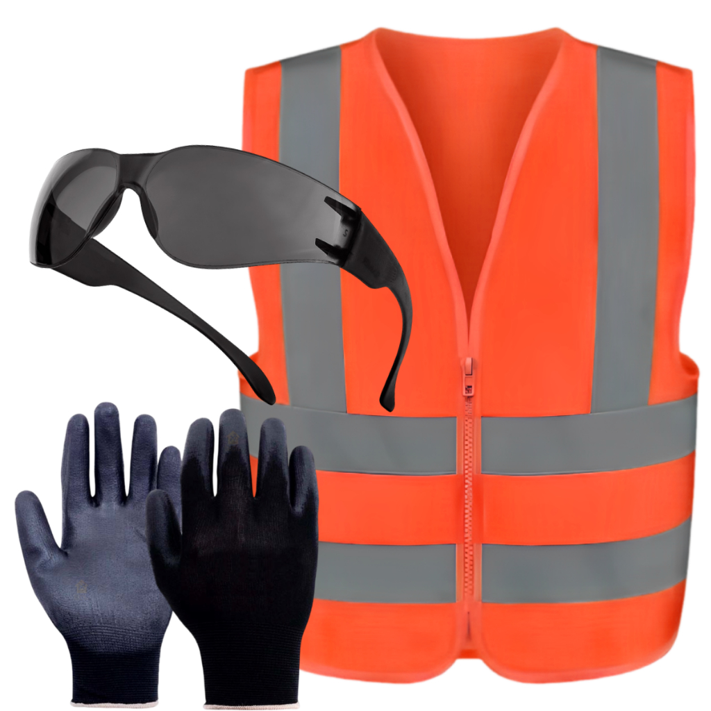Kit Entregador Colete Laranja, Luva E Óculos Cinza