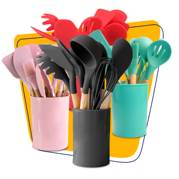 Kit C/12 Peças Utensílios De Cozinha Colheres Espatula Silicone Cabo Madeira Decoração Livre BPA