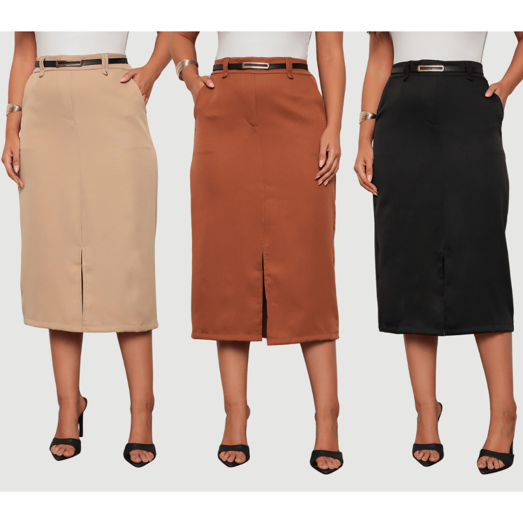 Saia Longa Cintura Alta Alfaiataria Midi Social Com Bolso Evangélica Cinto Couro