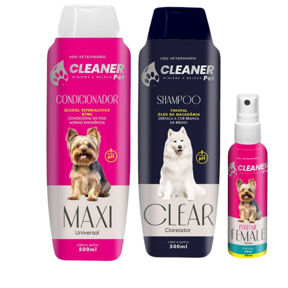 kit Shampoo para cachorro shampoo Branqueador de pelos + Condicionador CLEANER 500ml + Perfume 60ml em Oferta na Shopee