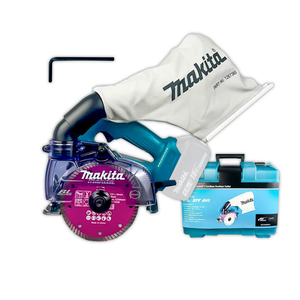 Serra Mármore a Bateria Makita 18V LXT 125mm com Maleta Coletor de Pó Chave Sextavada Corte Preciso