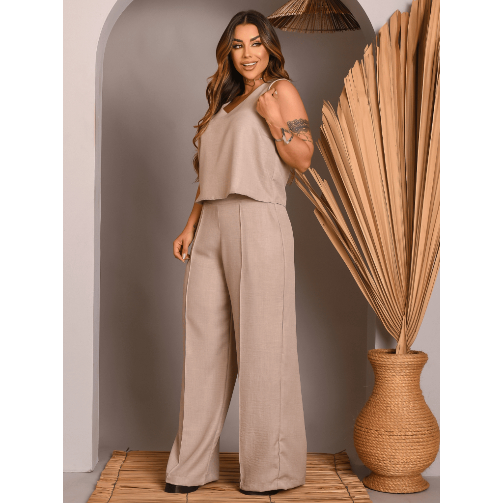 Conjunto Feminino Pantalona Alfaiataria Blusa Regata e Calça Elegante Moda Social Trabalho