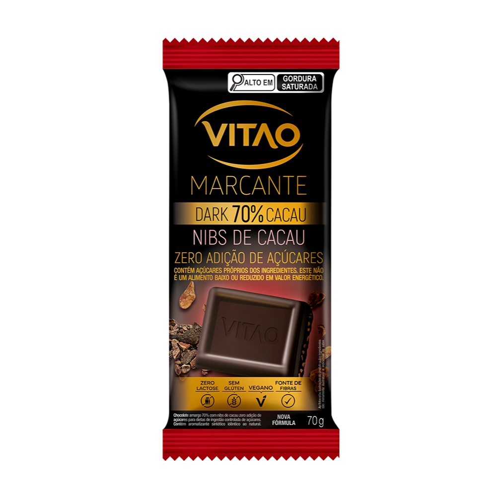 Chocolate 70% Amargo Nibs Zero Açúcar Vegano Marcante 70 g - Vegano