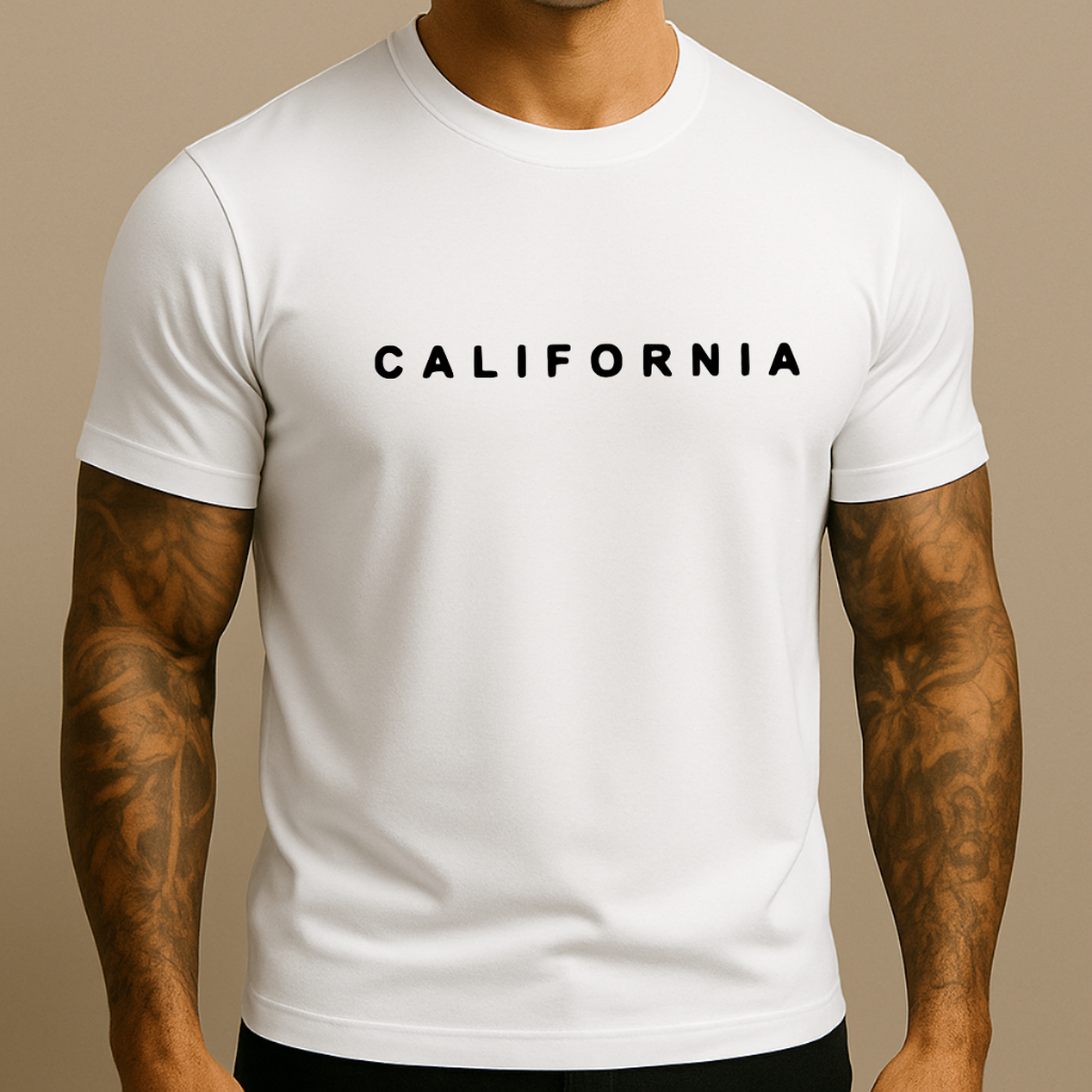 Camiseta Masculina California Preta Manga Curta Gola Redonda Estampada 100% Algodão