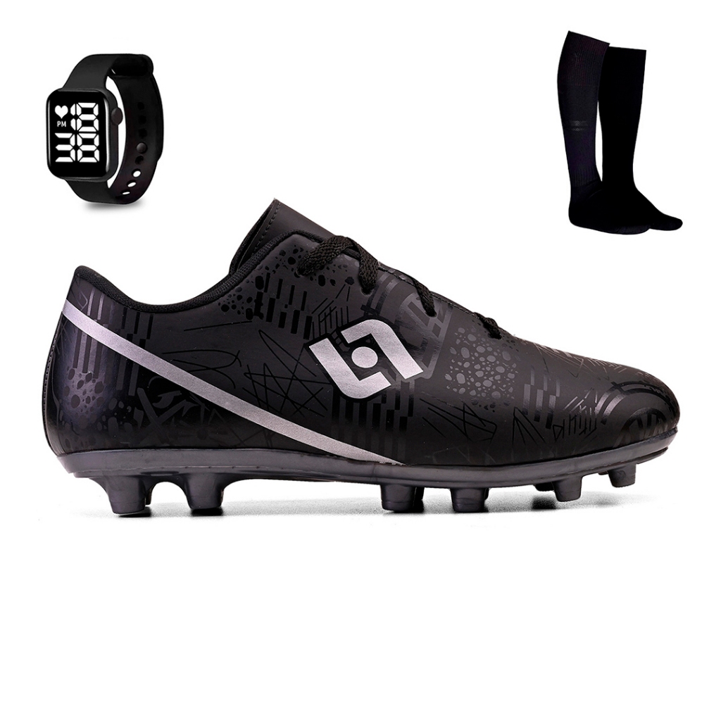 Kit Chuteira Masculina Adulto Trava Futebol Campo Costurada + Meiao e Relogio