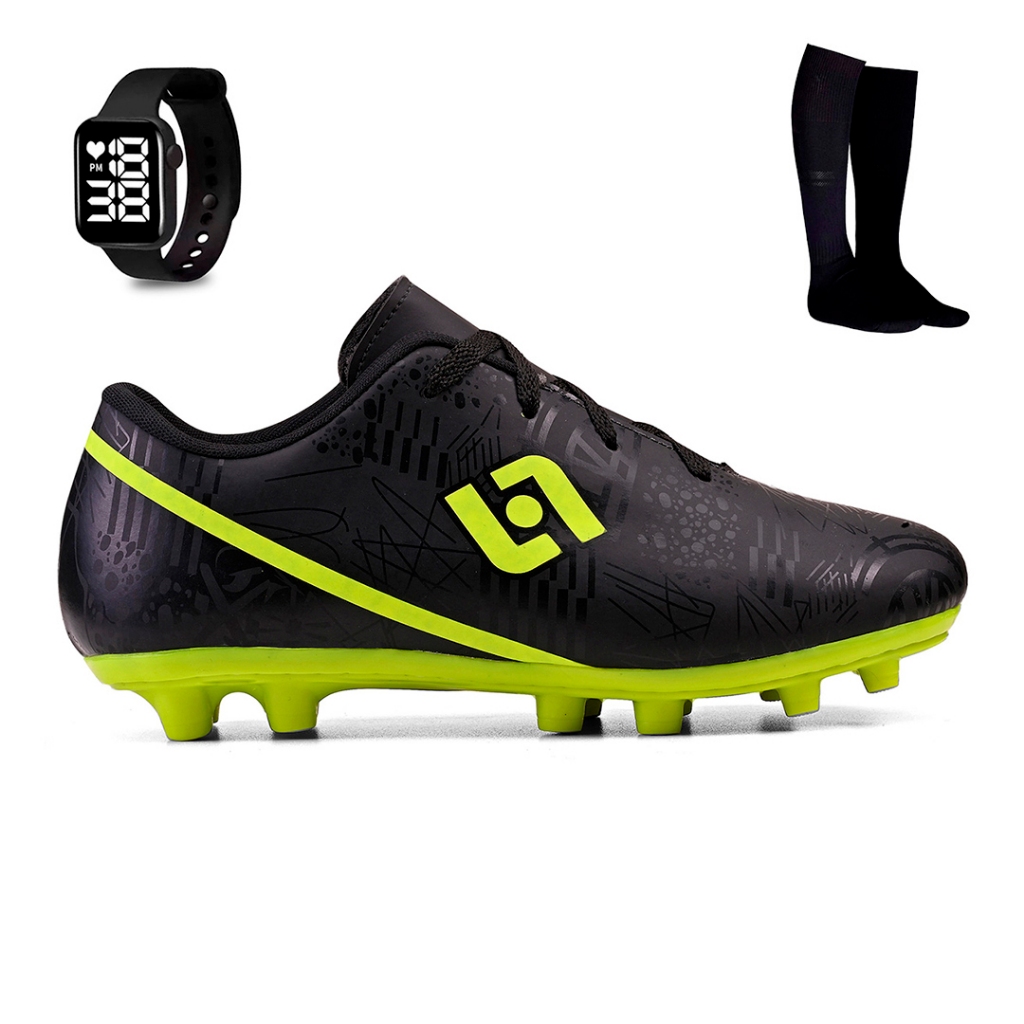 Kit Chuteira Masculina Adulto Trava Futebol Campo Costurada + Meiao e Relogio