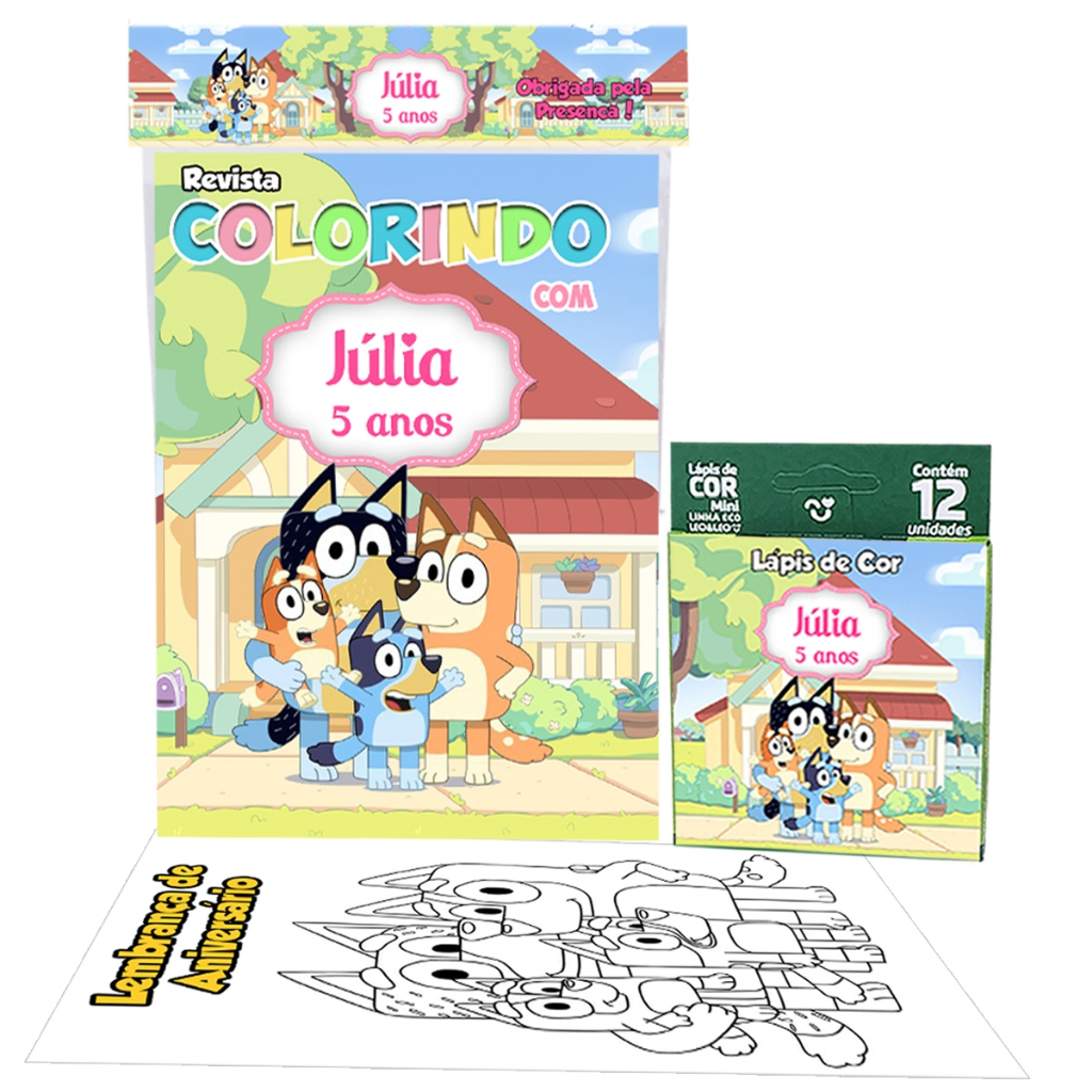 10 Kits Livro Livrinho Revista Revistinha Pintar Colorir com Lápis Cor Personalizado Bluey e Bingo