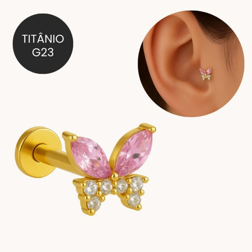 Piercing Labret Titânio G23 Borboleta Dourada Pedras Rosa e Zircônias 8mm Perfuração Orelha Hélix