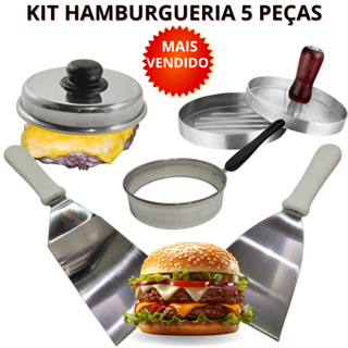 Kit Hamburgueria Completo Modelador de Hambúrguer Molde Ovo Espátulas Curva Reta Inox Tampa Abafador em Oferta na Shopee