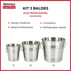 Kit 3 Baldes de Gelo Aço Inoxidável Refrigeração Rápida Cerveja Champanhe Vinho 1L, 3L e 6L