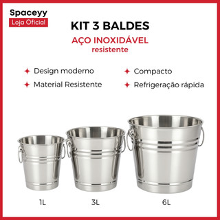 Kit 3 Baldes de Gelo Aço Inoxidável Refrigeração Rápida Cerveja Champanhe Vinho 1L, 3L e 6L