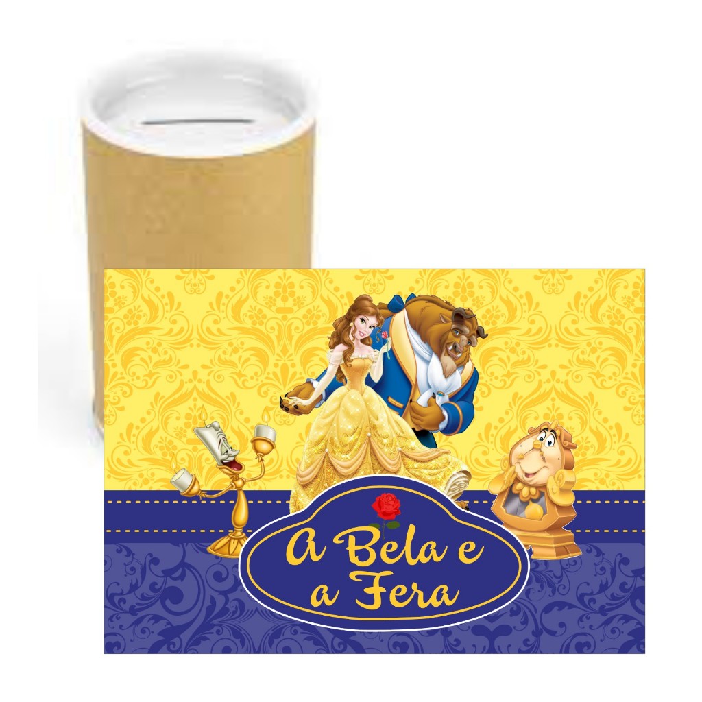 Cofrinho de Papelão + Adesivo A Bela e a Fera VÁRIAS CORES - Cofre Lembrancinha Festa Aniversário