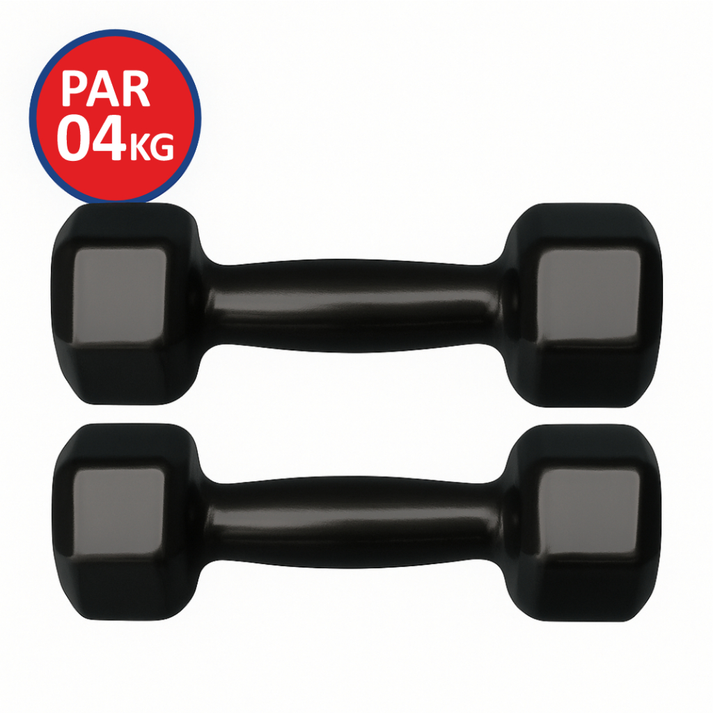 Par de Halteres Emborrachados Sextavados 4kg – Preto, Antiderrapante, Ideal para Musculação e Treinos em Casa
