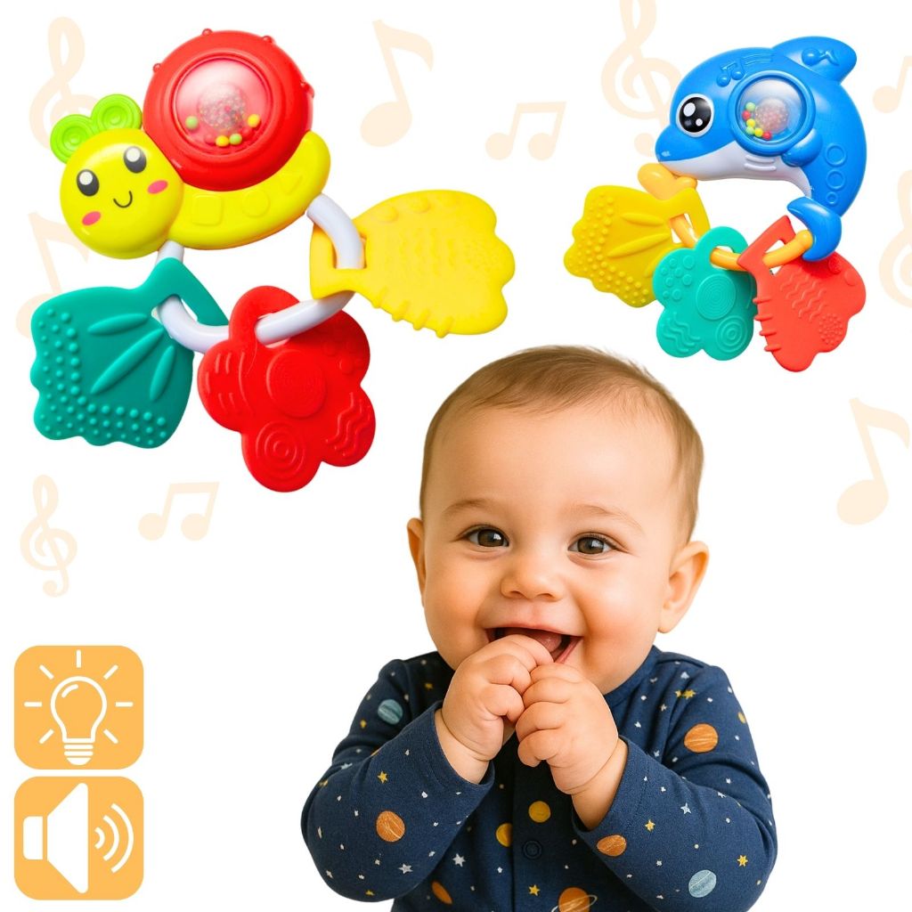 Brinquedo Chocalho Para Bebês Musical Infantil Animais Som e Luz - Mom & Baby