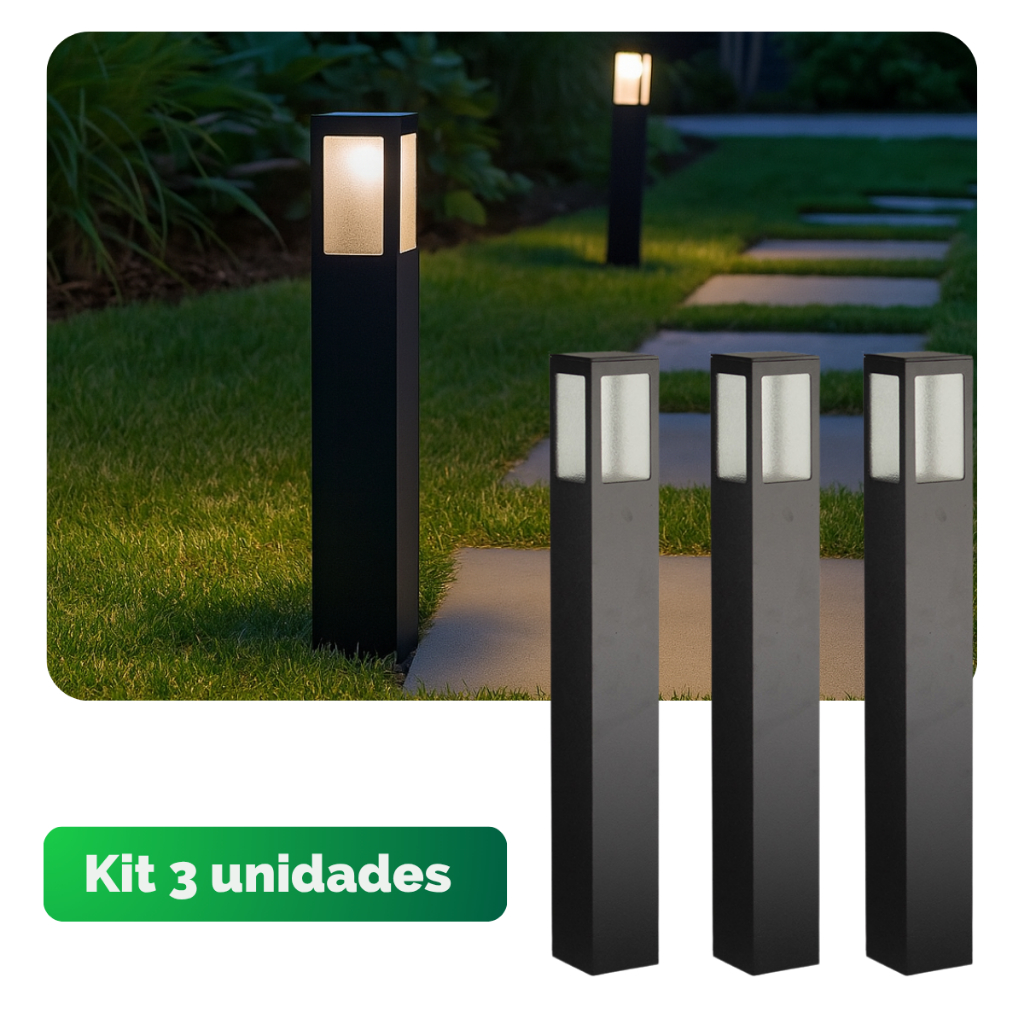Kit 3 Poste Jardim 50cm Balizador Externo Piso Chão Garten Bocal E27 Preto Fosco Alumínio Bivolt