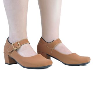 Sapato Feminino Bico quadrado Salto Grosso Caramelo Marrom Solado Preto Ajuste Fivela em Oferta na Shopee