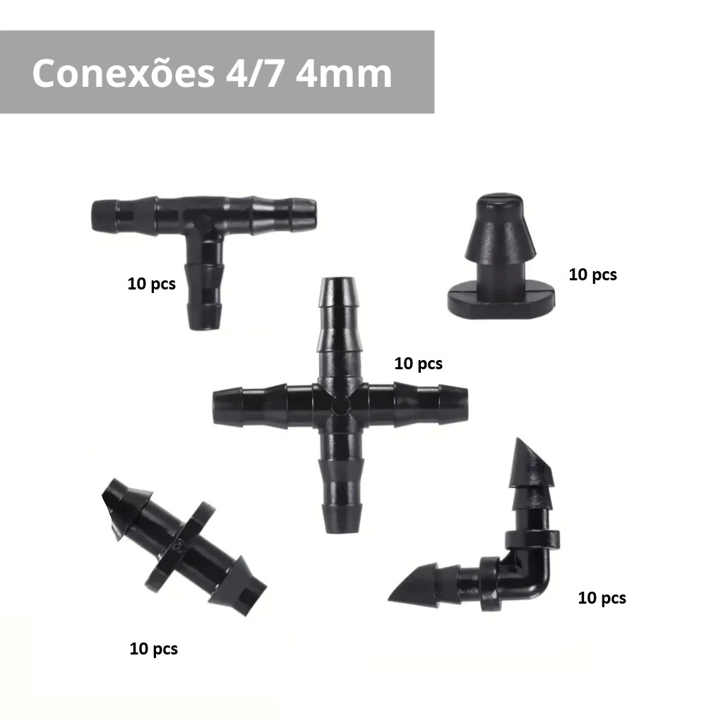 KIT COM 25 / 50  Conexões P/ Micro Tubo 4mm 4/7  Tê, Cotovelo, Terminal, Emenda e Cruzeta
