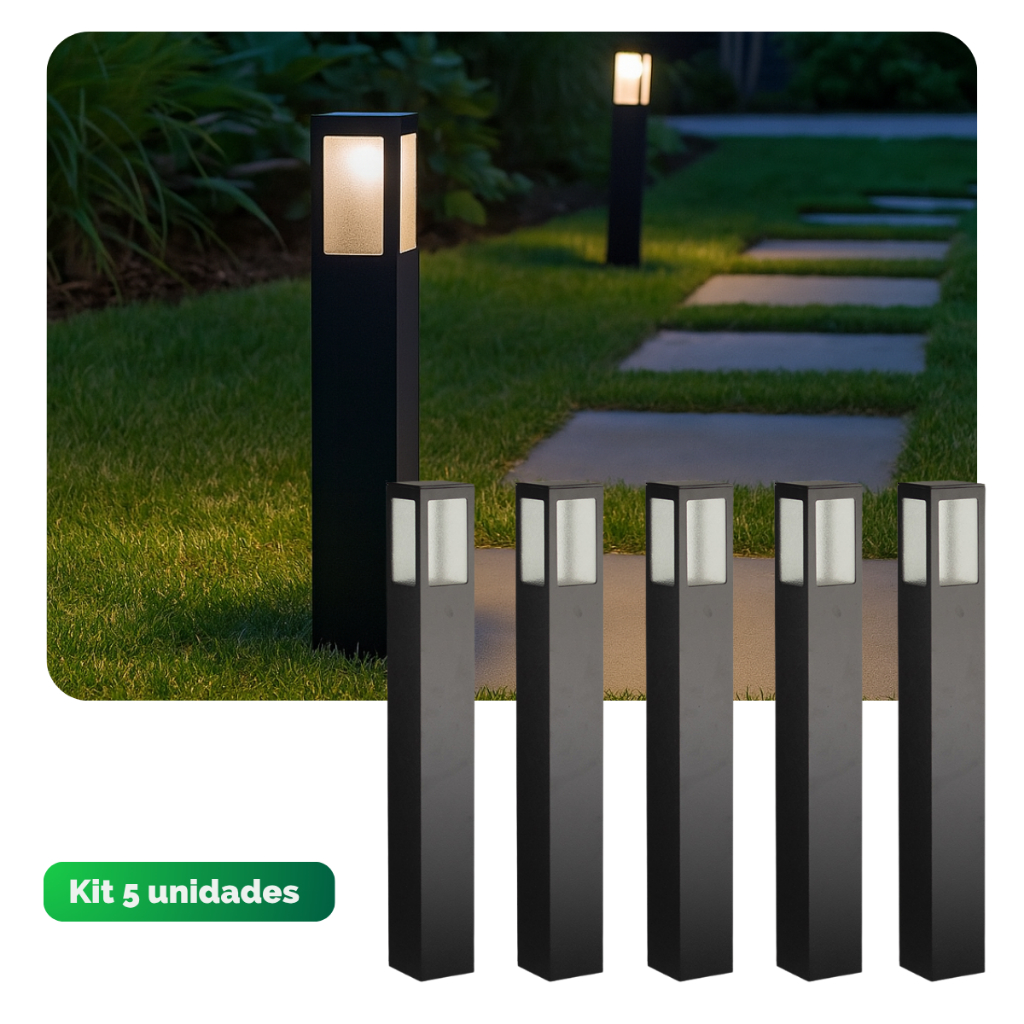 Kit 5 Poste Jardim 50cm Balizador Externo Piso Chão Garten Bocal E27 Preto Fosco Alumínio Bivolt