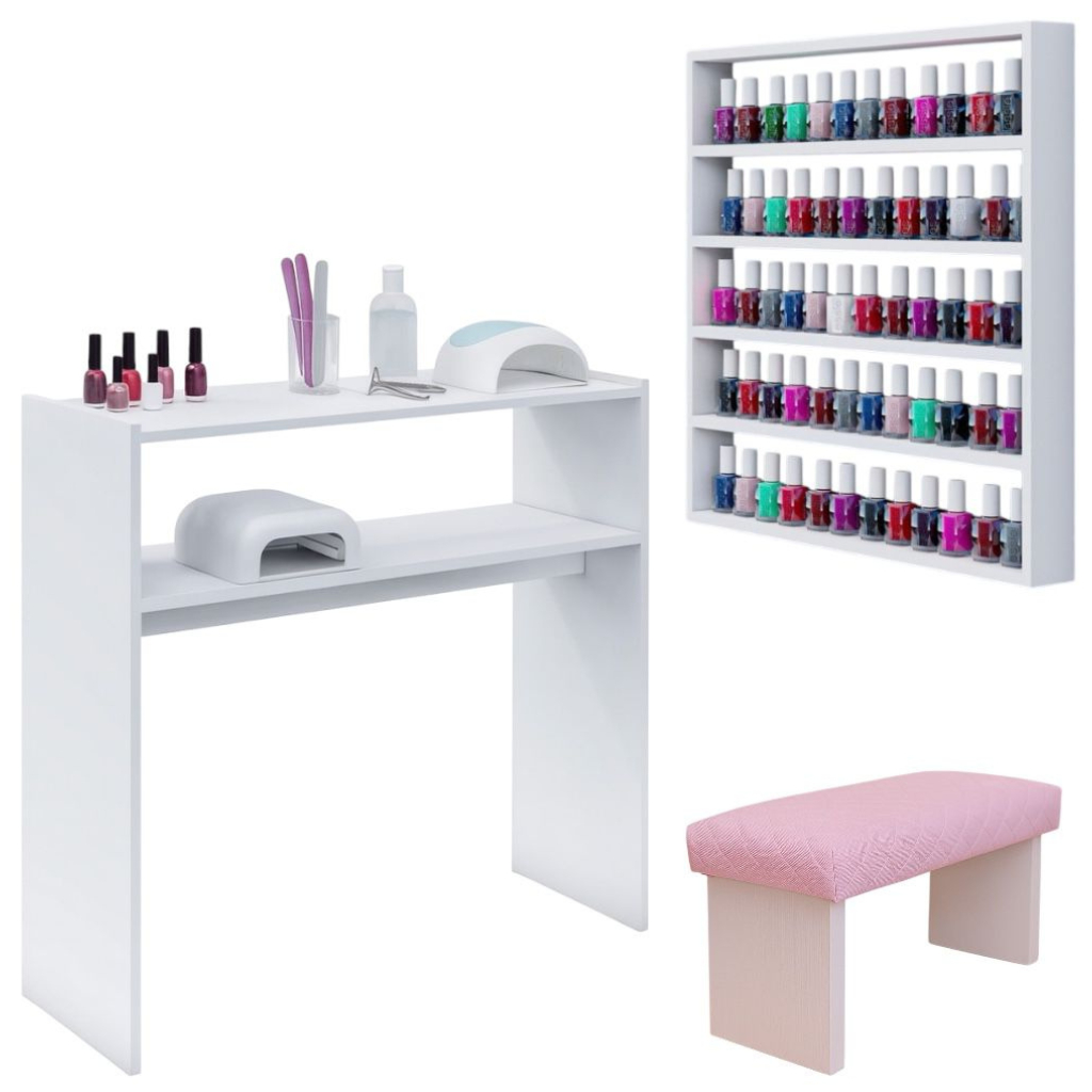 Kit Mesa Para Manicure + Porta Esmaltes + Apoio De Punho Completo Profissional Nail Designer Pedicure Unhagel