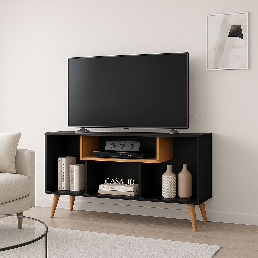 Rack baixo estilo Retrô com prateleiras e excelente suporte para TV - Várias Cores