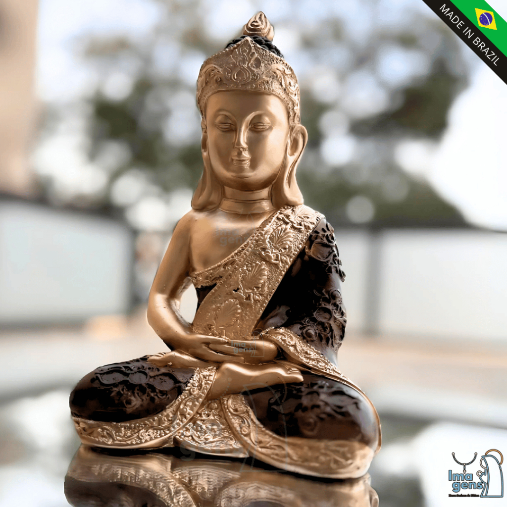Imagem em gesso Buda Hindu Decorativo Decoração Meditando Decoração Bronze e Dourado Escultura 22cm