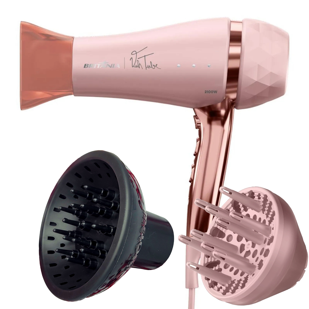 Secador De Cabelo Britania Profissional 2100w Ions Tourmaline Ar Quente Frio Bivolt Com 2 Difusores de Cachos