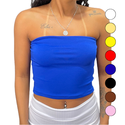 Tube Top Feminino Tomara que Caia Cropped Comprido Duplo Sem Bojo Suplex Premium